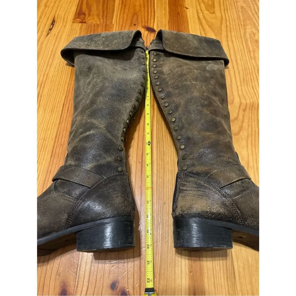 TORY BURCH Tarulli Boots Studded Riding Brown Distressed Over Knee Women’s 10M